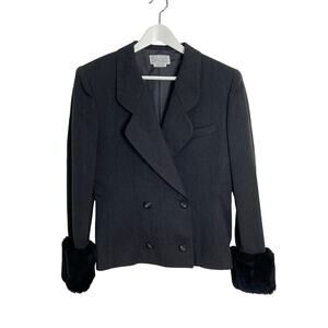 Vintage BASILE Italy Women's Size 8 Dark Gray Wool Blend Blazer Faux Fur Cuffs